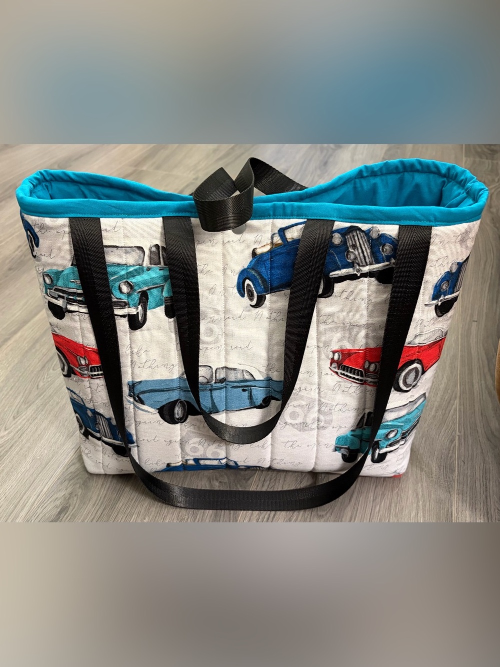 Vintage Car Print Tote Bag in Teal